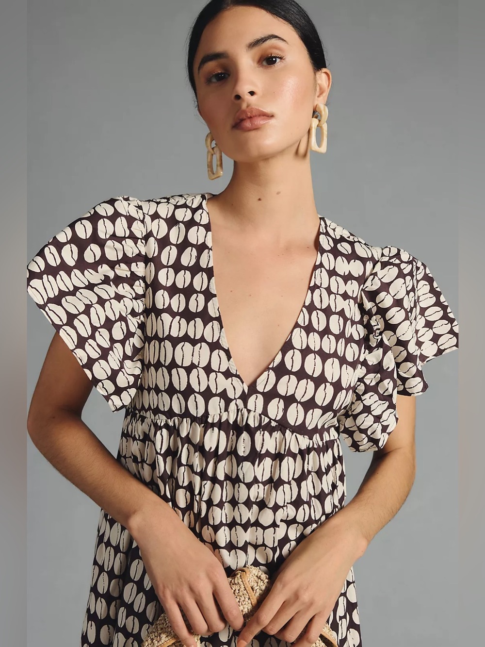 Anthropologie Maeve Printed Flutter-Sleeve Cotton Babydoll Midi Dress in Cocoa - Picture 3 of 11